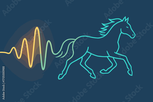 Dynamic neon outline of galloping horse with colorful waveform on dark background