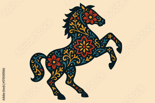 Decorative folk art horse with vibrant floral patterns in flat design