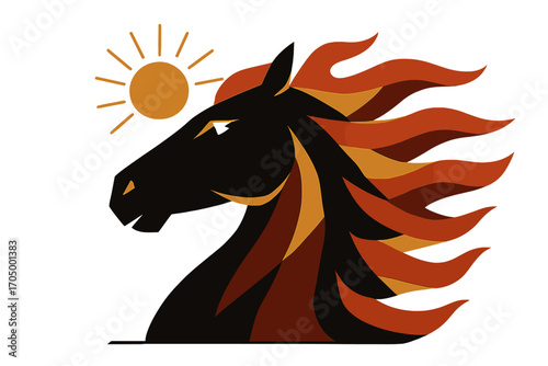 Majestic horse silhouette with fiery mane on sunset background