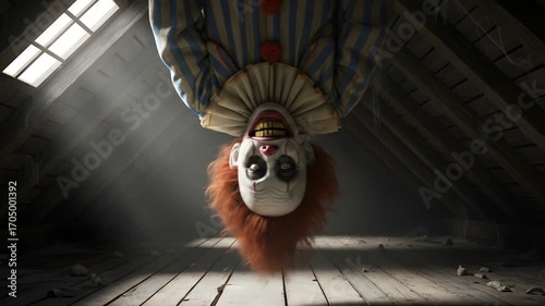 Scary clown hanging upside down in dark attic