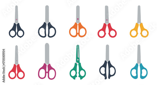 various colorful scissors arranged neatly in rows