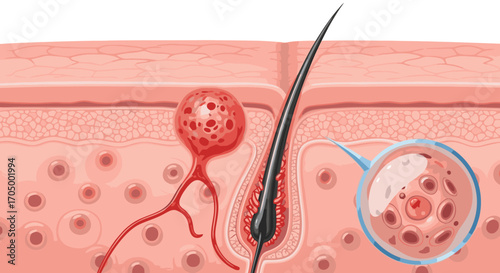 Explore human skin structure showing hair follicle, sebaceous gland, and detailed cells anatomy