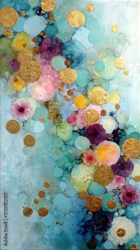 Abstract art with flowers and gold circles on a light teal background