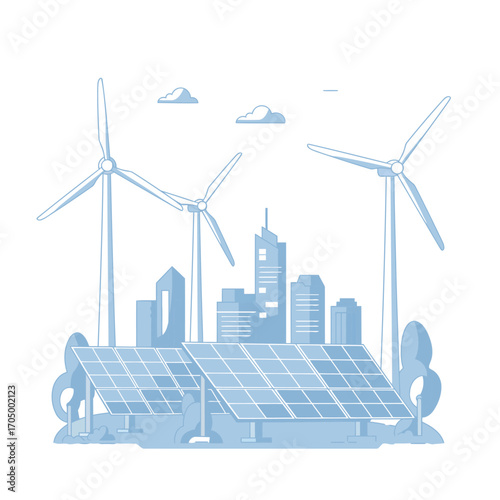 Sustainable cityscape with wind turbines and solar panels