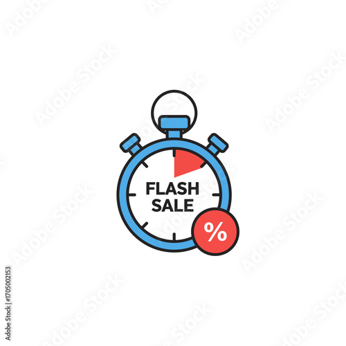 A dynamic stopwatch icon clearly displays 'FLASH SALE' alongside a percentage symbol, effectively conveying the urgency of limited-time offers and special pricing events.