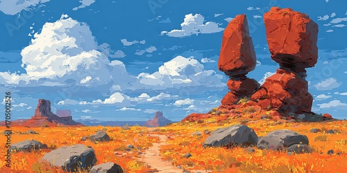 Sunny desert landscape with vibrant red rock formations and a path