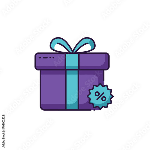 Purple gift box with teal ribbon and percentage discount symbol.