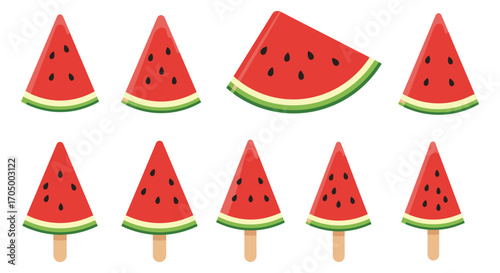 watermelon slices arranged neatly on sticks and plates