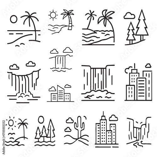 natural and urban scenery, mountain, beach, forest, desert, waterfall, 
cityscape, canyon vector