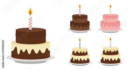 various cakes with candles and colorful frosting displayed