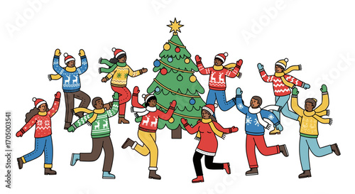 A diverse group of joyful children celebrates the festive winter holidays by dancing happily around a beautifully decorated Christmas tree.