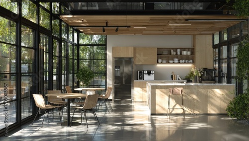 Modern kitchen interior with large windows and dining area