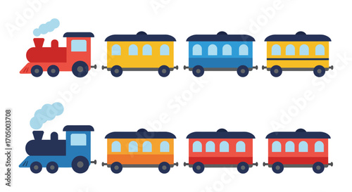 colorful trains with steam engines pulling passenger cars