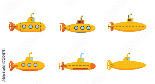 six colorful submarines floating in an imaginary ocean scene