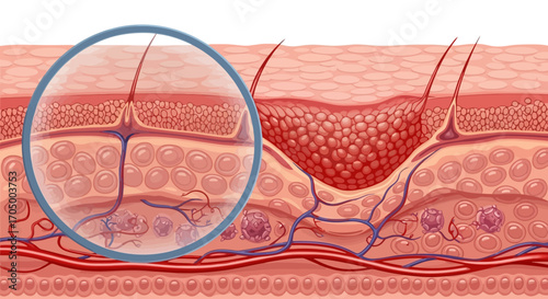 Human skin anatomy showing epidermis, dermis, and hypodermis layers under magnification for educational purposes