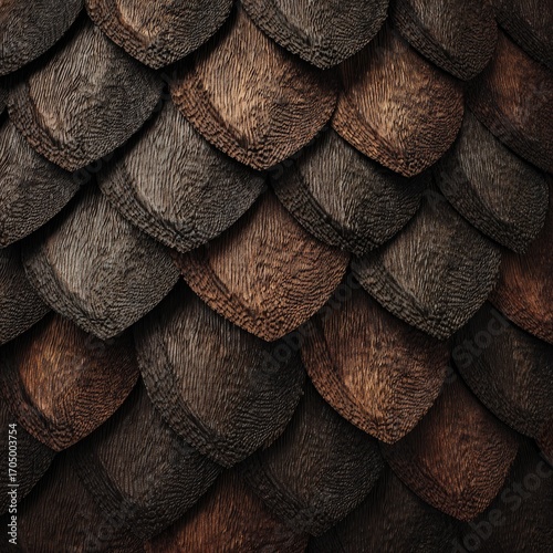 Close-up of overlapping, dark-brown, and light-brown wooden scales