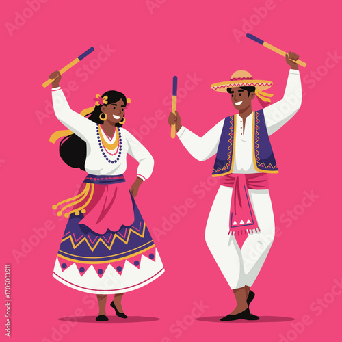 Mexican folk dancers performing traditional dance with colorful costumes and sticks on pink background vector illustration 