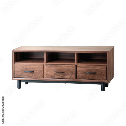 Modern wooden media console with three drawers and open shelves isolated on transparent background