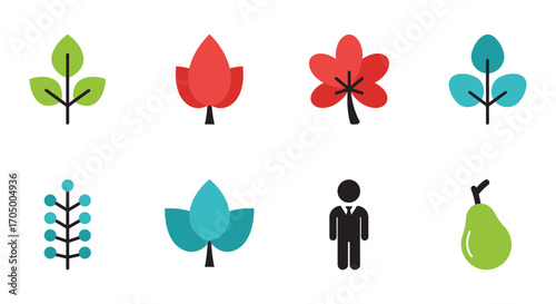simple icons depict trees leaves human figure and pear fruit