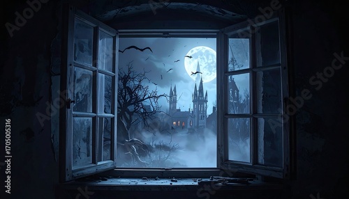 Night scene from a window. Bats and a full moon shine on a gothic building. Creepy and foreboding with a sense of mystery