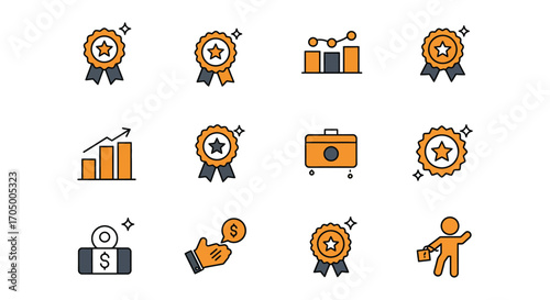 achievements icons set showing awards progress and success elements