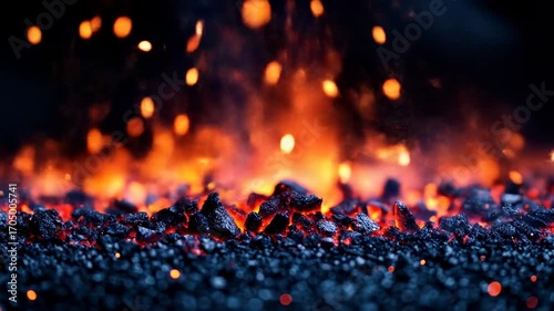Hot coals with glowing embers, blurred bokeh lights in dark background