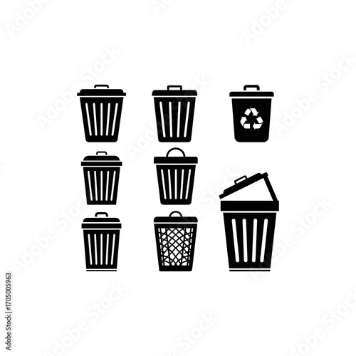 A collection of black and white vector icons depicting various trash cans and recycling bins, some with lids.