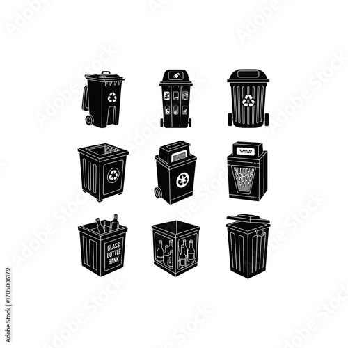 A collection of nine black and white graphic icons illustrating various designs of trash cans, garbage bins, and recycling containers.