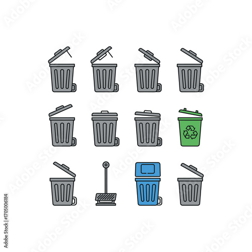 A collection of illustrated trash cans and a plunger, depicting various designs and a recycling bin with a green symbol.