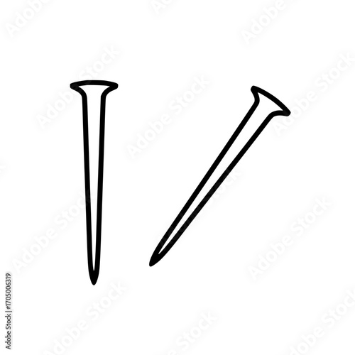 Two black line art illustrations of construction nails