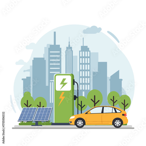 Electric car charging station cityscape