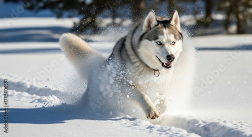 Siberian Husky Dog Running Through Snowy Landscape.