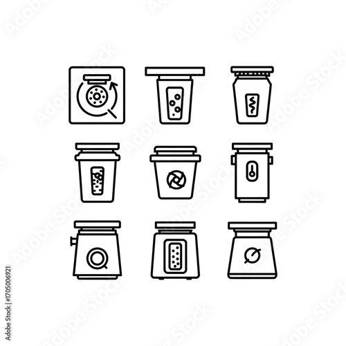 A set of nine black and white line icons representing water filtration, purification systems, and eco-friendly recycling concepts.