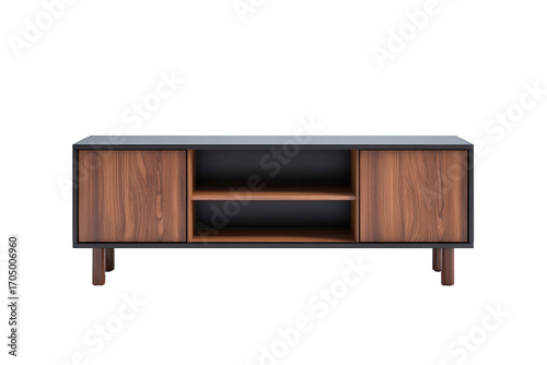 Modern wooden tv stand with black frame, isolated on transparent background