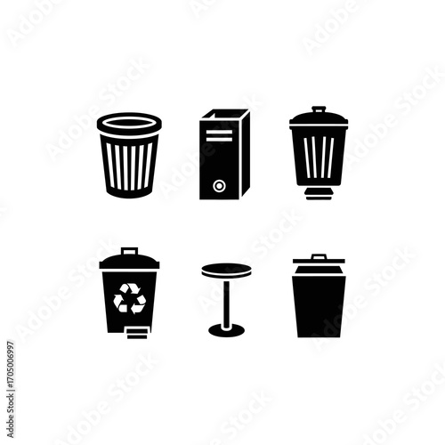 A collection of six black silhouette icons depicting various types of trash cans and a small table, set against a white background.