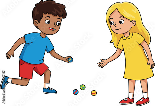 Cartoon children playing marbles, boy and girl outdoor fun, childhood game activity, happy kids illustration, colorful toy balls, friendship playtime