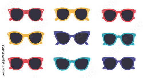 colorful sunglasses collection arranged neatly in rows