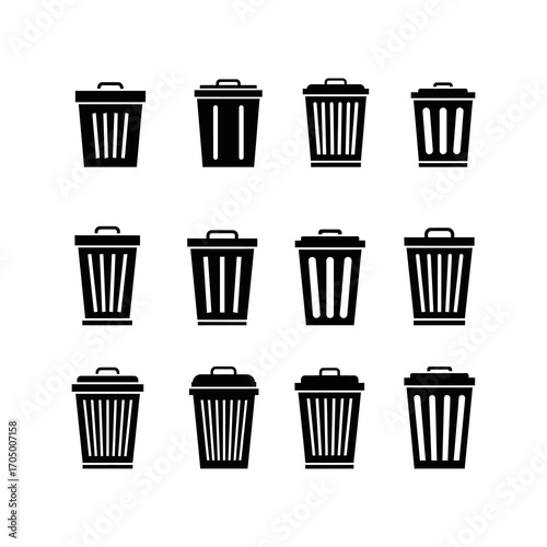A set of twelve black silhouette icons showing various designs of trash cans and garbage bins on a white background.