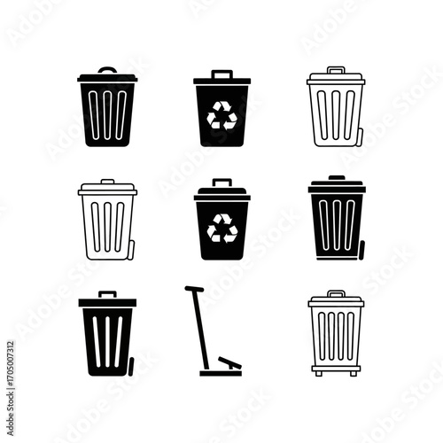 Collection of black and white vector icons illustrating various trash cans and recycling bins for waste disposal.