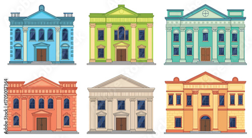 six colorful buildings with unique architectural designs and vibrant facades