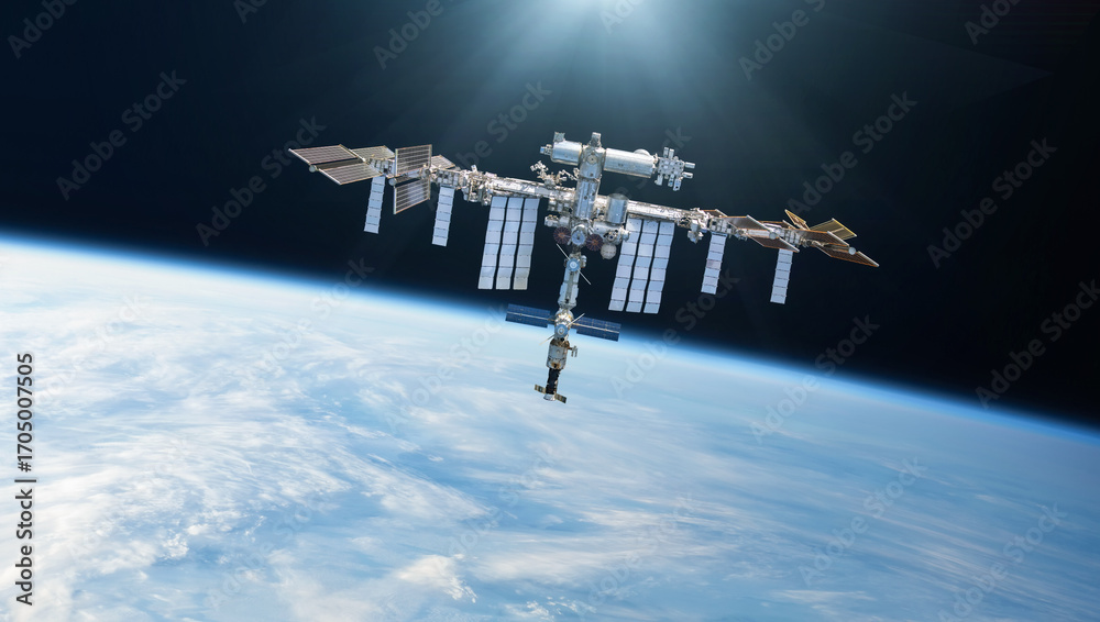Obraz premium International Space Station orbiting above Earth. Outer space laboratory. ISS. Elements of this image furnished by nasa. Not AI content
