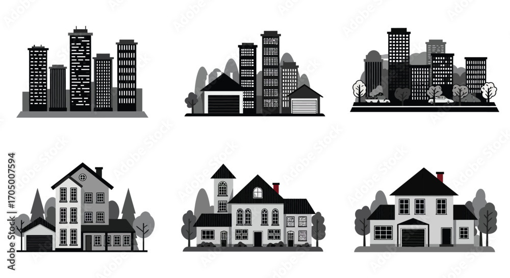 Obraz premium cityscapes and residential buildings depicted in various architectural styles