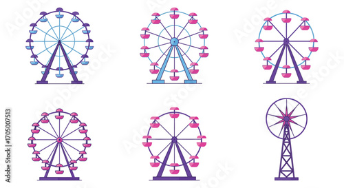colorful ferris wheels with heart shapes and different designs