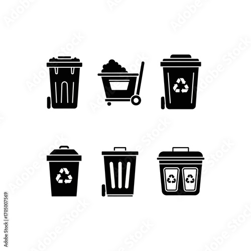 Collection of six black silhouette icons depicting various waste disposal containers and a wheelbarrow.