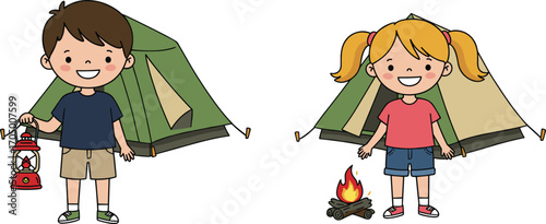 Cartoon kids camping with tent and campfire, happy children holding lantern, outdoor summer adventure, family vacation, fun camping vector illustration