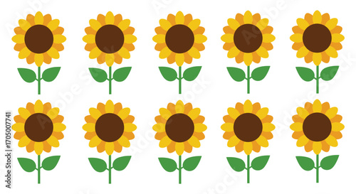 a row of vibrant sunflowers with green stems and yellow petals