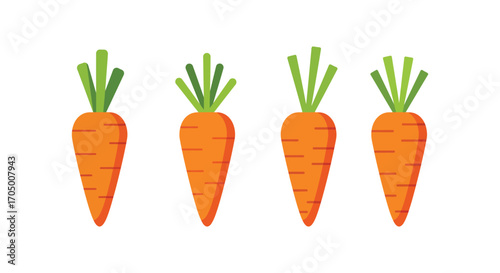 four carrots with green tops neatly arranged side by side