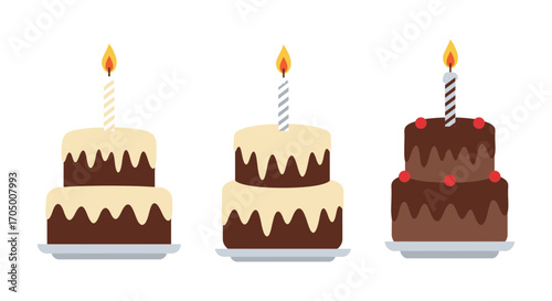 various cakes with candles and chocolate frosting displayed