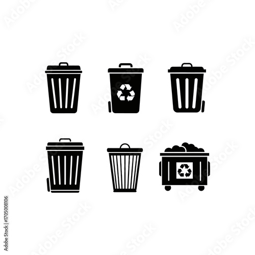 A collection of six black and white trash can icons, some with recycling symbols, in a vector graphic.