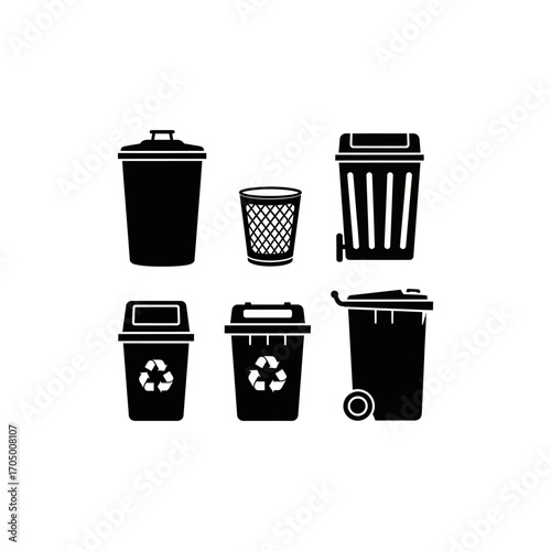 Collection of various black silhouette trash bins, including different styles and recycling symbols.